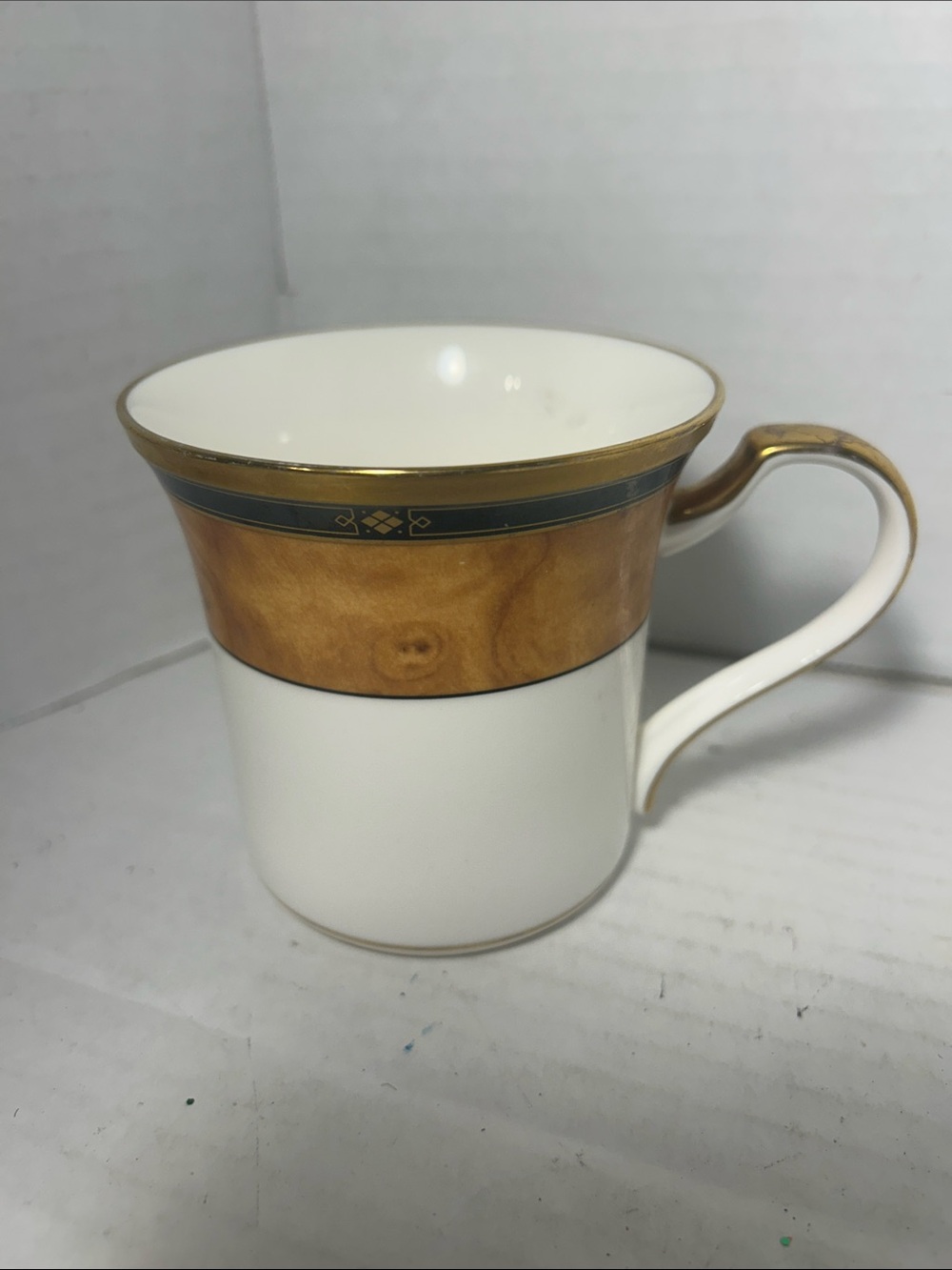 Noritake White Porcelain Mug with Gold Rim and Wood-Tone Band Replacement